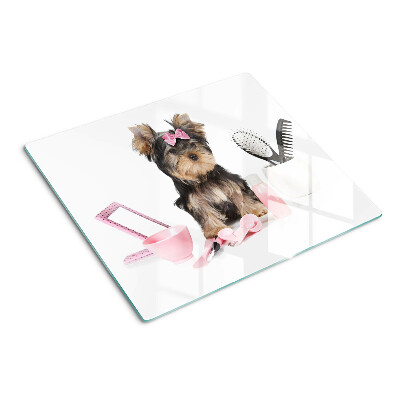 Glas skærebræt Yorkshire terrier med plejetilbehør