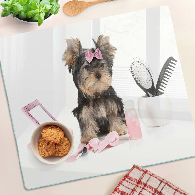 Glas skærebræt Yorkshire terrier med plejetilbehør