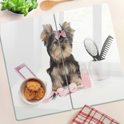 Glas skærebræt Yorkshire terrier med plejetilbehør