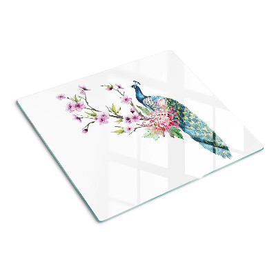 Skærebræt i glas Påfugl med blomster