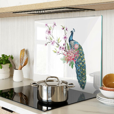 Skærebræt i glas Påfugl med blomster
