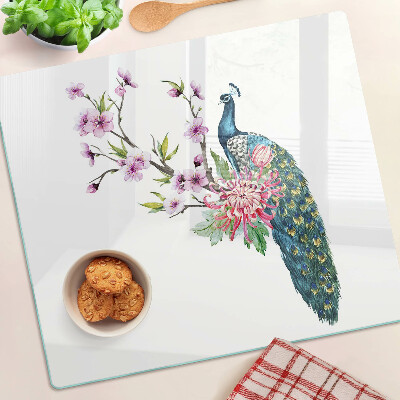 Skærebræt i glas Påfugl med blomster