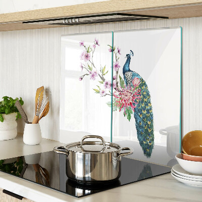 Skærebræt i glas Påfugl med blomster