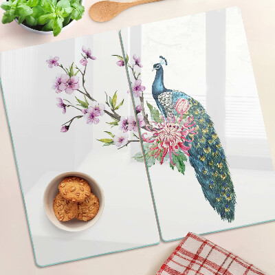 Skærebræt i glas Påfugl med blomster