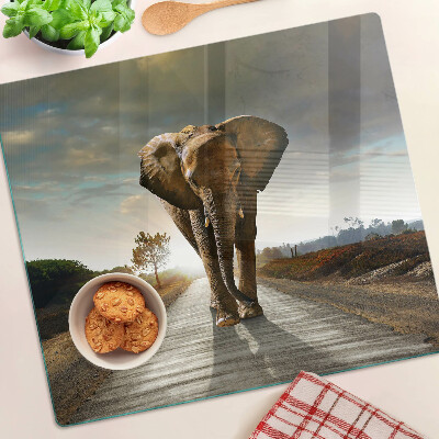 Skærebræt i glas Elefant på vejen ved solnedgang