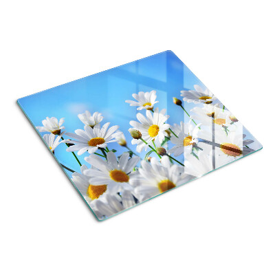 Skærebræt i glas Margueritblomster på en blå baggrund