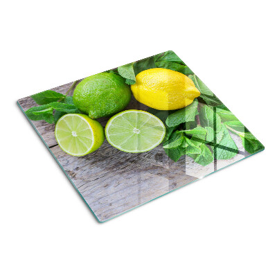 Glas skærebræt Citroner og limefrugter med mynte