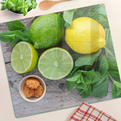 Glas skærebræt Citroner og limefrugter med mynte
