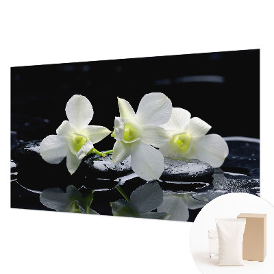 Fototapet stue med motiv af blomster og sten