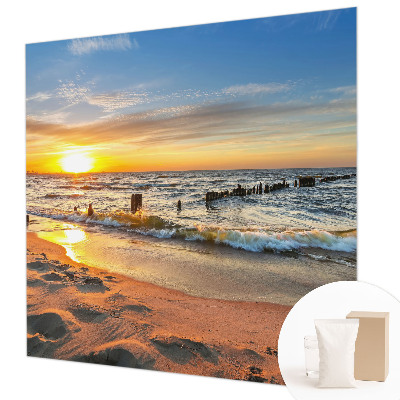 3D fototapet med motiv af en solnedgang på stranden