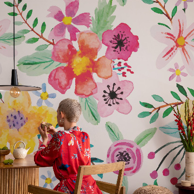 Fototapet til børn med blomstermotiv i friske farver