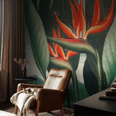 Fototapet stue med motiv af eksotiske blomster