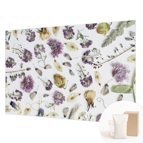 Fotovæg stue med tørrede blomster som dekoration