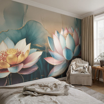Stor fototapet med motiv af lotusblomster i en harmonisk komposition