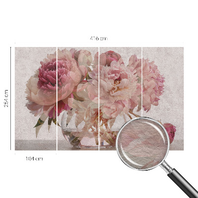 Fotovæg stue med pæon-motiv som vedhæng