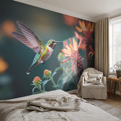 Fototapet stue med motiv af kolibriblomster