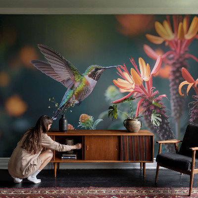 Fototapet stue med motiv af kolibriblomster
