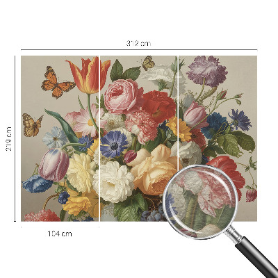 Fotovæg stue med blomster- og sommerfuglemotiv
