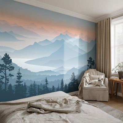Fotovæg stue med bjergpanorama