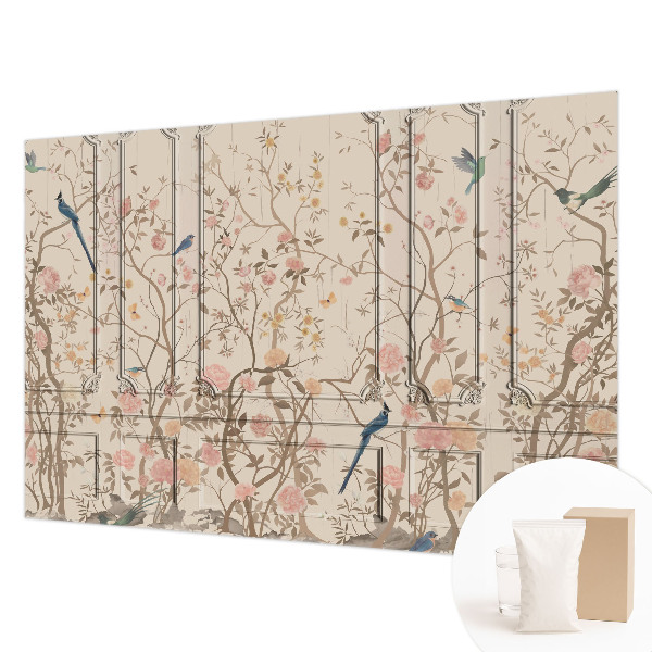 Fototapet efter mål med motiv af fugle og blomster