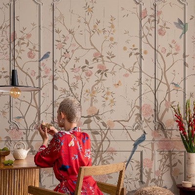 Fototapet efter mål med motiv af fugle og blomster