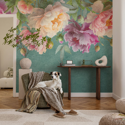 Fotovæg stue med blomsteragtigt motiv