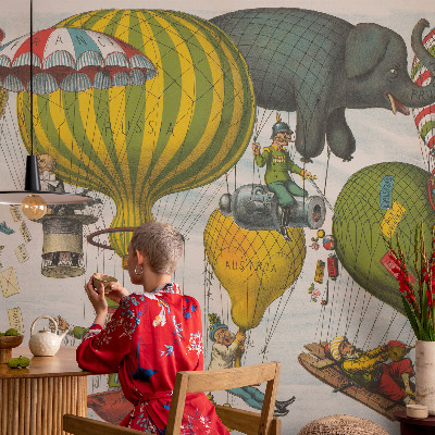 Fotovæg soveværelse med motiv af en ballonrejse