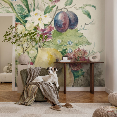 Stor fototapet med blomstermotiv og frugtmotiv