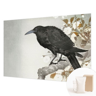 3D fototapet med motiv af en ravn blandt blomster