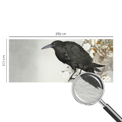 3D fototapet med motiv af en ravn blandt blomster