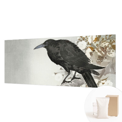 3D fototapet med motiv af en ravn blandt blomster