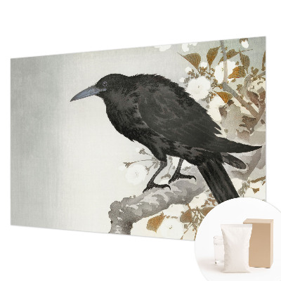 3D fototapet med motiv af en ravn blandt blomster