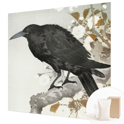 3D fototapet med motiv af en ravn blandt blomster