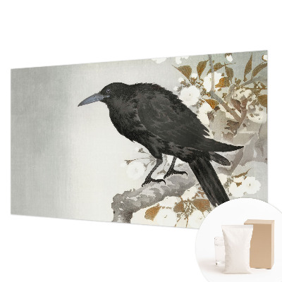 3D fototapet med motiv af en ravn blandt blomster