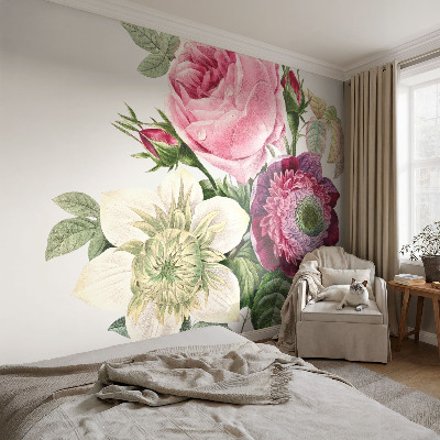 Fotovæg stue med motiv af en blomsterbuket