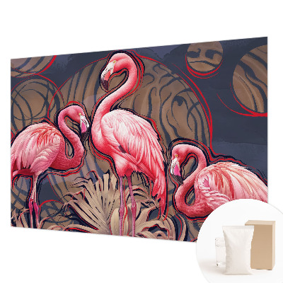 Fotovæg stue med lyserøde flamingoer