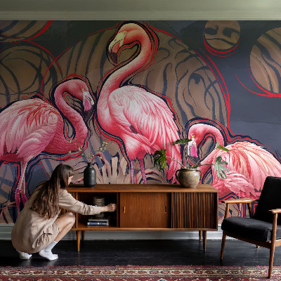 Fotovæg stue med lyserøde flamingoer