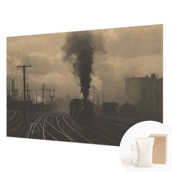 Fotovæg stue med motiv af et industrilandskab