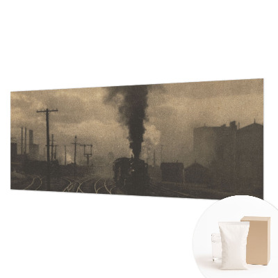 Fotovæg stue med motiv af et industrilandskab