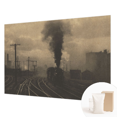 Fotovæg stue med motiv af et industrilandskab