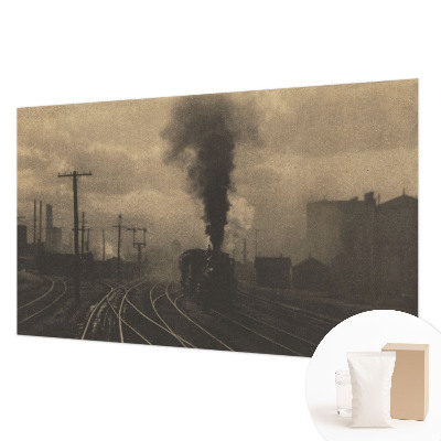 Fotovæg stue med motiv af et industrilandskab