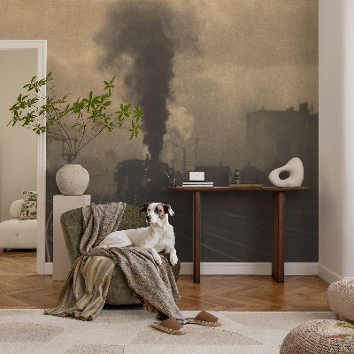 Fotovæg stue med motiv af et industrilandskab