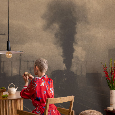 Fotovæg stue med motiv af et industrilandskab