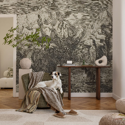 Fototapet soveværelse med motiv af bjerglandskab