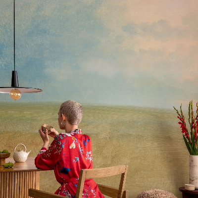 Fotovæg stue med pastelfarvede felter som motiv