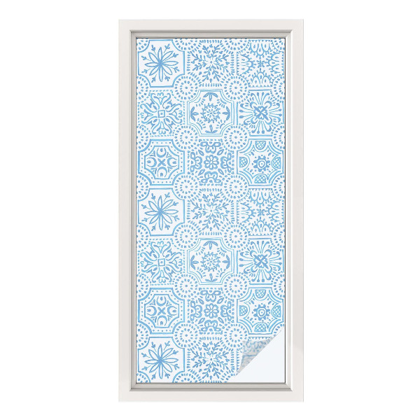 Mælkehvid vinduesfolie med motiv Blå fliser