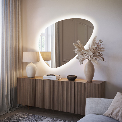 Asymmetrisk ægformet spejl med LED-belysning
