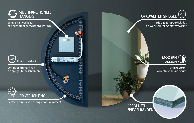 Asymmetrisk spejl halvcirkelformet med led lys