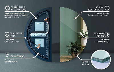 Asymmetrisk spejl halvcirkelformet med led lys