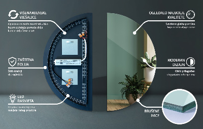 Asymmetrisk spejl halvcirkelformet med led lys